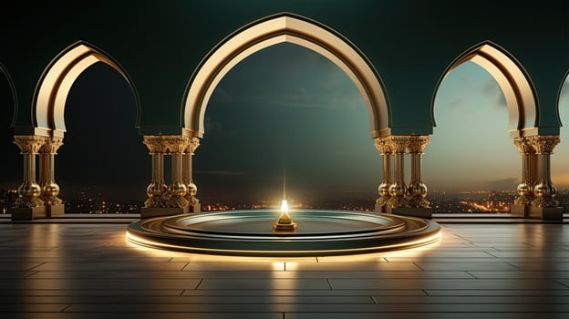 green podium with beige elements in Arabic minimalist style. Podium in the style of Ramadan, Eid Mubarak.AI generated photo