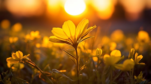 AI generated vibrant yellow wildflower in meadow backlit by sunset sun photo