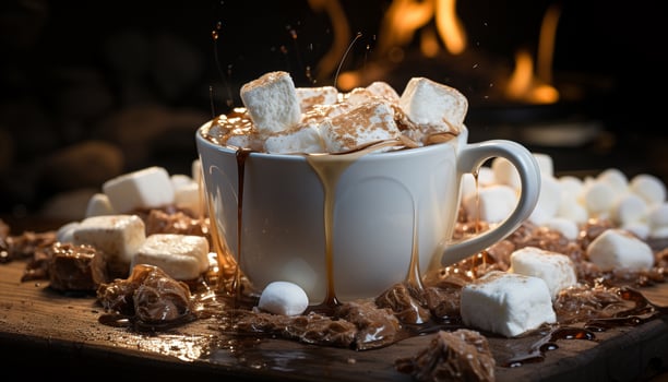 AI generated Hot chocolate with marshmallows on a rustic wooden table generated by AI photo