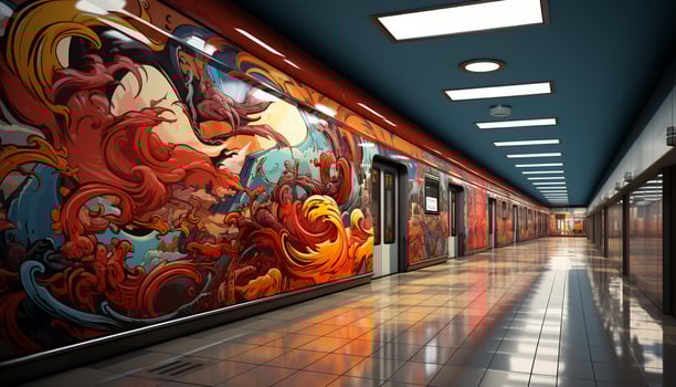 AI generated Bright blue subway train speeds through futuristic underground corridor generated by AI photo