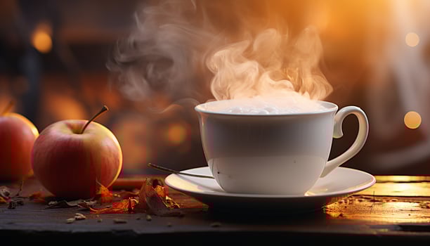 AI generated Hot coffee steams on wooden table, autumn leaves decorate space generated by AI photo