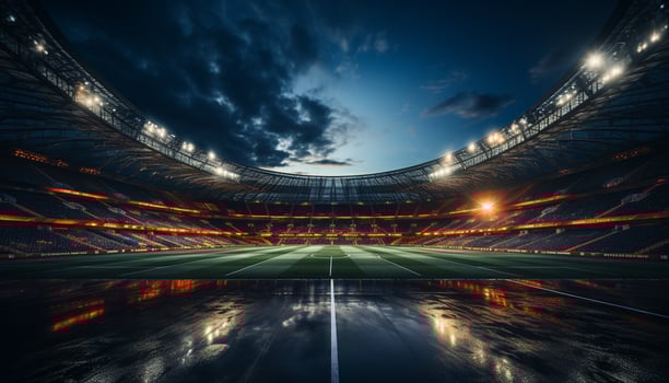 AI generated Bright spotlight illuminates soccer field, vibrant crowd cheers for success generated by AI photo