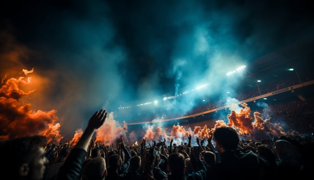 AI generated A crowd cheers under the stage blue spotlight at a concert generated by AI photo