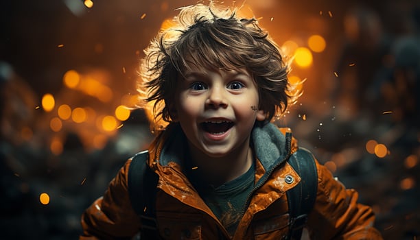 AI generated Smiling child playing outdoors, enjoying winter night in nature generated by AI photo