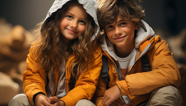 AI generated Smiling children sitting outdoors, enjoying nature beauty and togetherness generated by AI photo