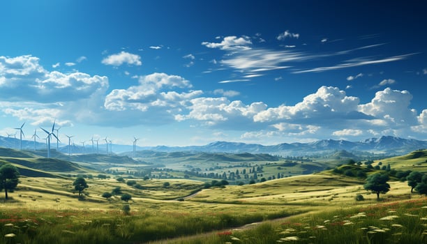 AI generated Idyllic meadow, blue sky, wind turbines harnessing alternative energy generated by AI photo