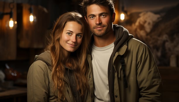 AI generated Young couple embracing, smiling, enjoying winter night outdoors generated by AI photo