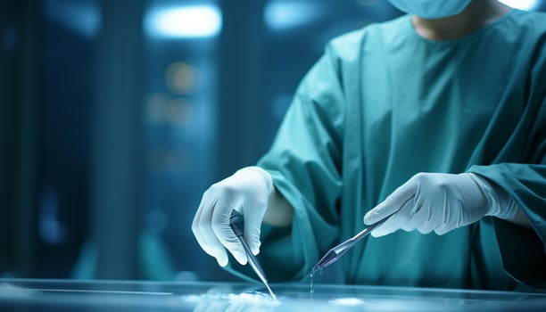 AI generated Surgeon in blue scrubs holding surgical glove, operating in hospital generated by AI photo