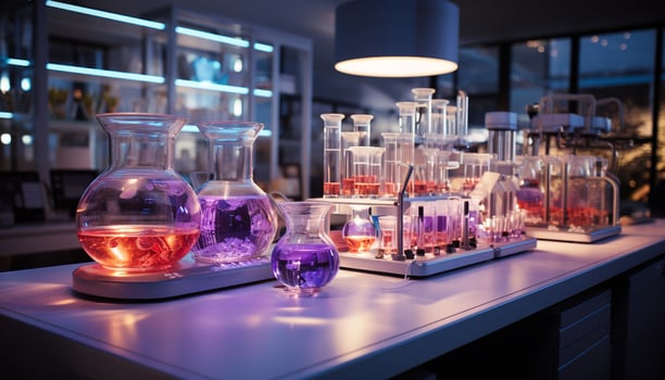 AI generated Scientist analyzing liquid in laboratory glassware for medical research generated by AI photo