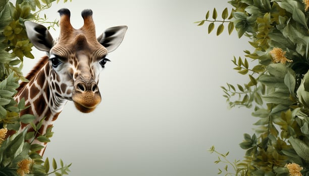 AI generated Giraffe standing in meadow, looking cute, surrounded by nature generated by AI photo
