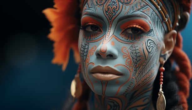AI generated Beautiful indigenous woman with colorful feather decoration, looking at camera generated by AI photo