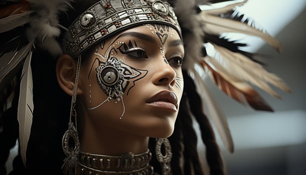 AI generated One beautiful woman, confident and adorned with jewelry and feathers generated by AI photo