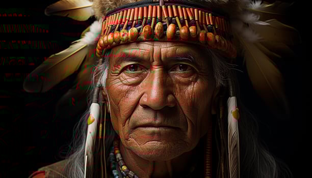 AI generated Indigenous chief wearing traditional headdress leads African tribal community generated by AI photo