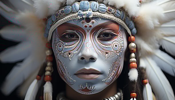 AI generated A young woman in traditional clothing smiles, wearing an ornate headdress generated by AI photo