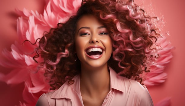 AI generated Beautiful woman with curly hair smiling, radiating happiness and beauty generated by AI photo