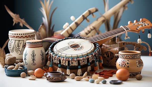 AI generated Wooden guitar, pottery bowl, maracas a celebration of cultures generated by AI photo