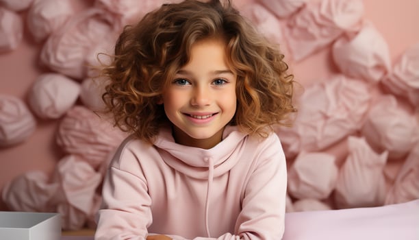 AI generated Cute, smiling girl playing happily in pink bedroom, pure joy generated by AI photo