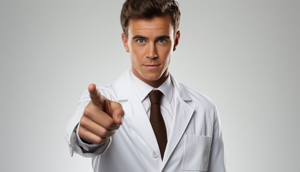 AI generated Confident doctor pointing, successful businessman in white coat generated by AI photo