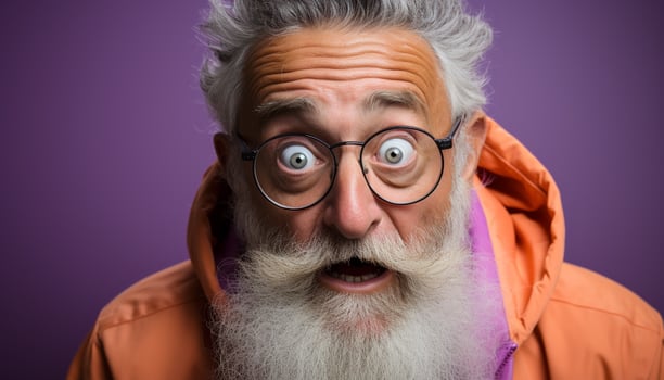 AI generated Eccentric senior man with beard and glasses expresses shock generated by AI photo