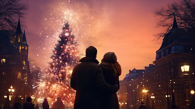 Happy family watching fireworks and Christmas tree at night. New Year celebration concept. photo
