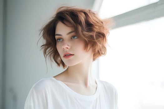 Young woman with short bob haircut on light background. Ai generative photo