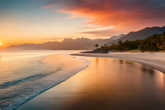 the sun sets over the ocean and mountains in brazil. AI-Generated photo
