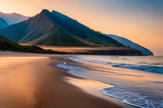the beach, mountains, sunset, the ocean, hd wallpaper. AI-Generated photo
