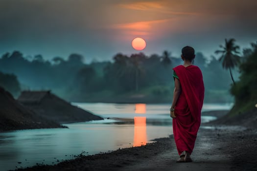 a woman in a red sari walks along the river at sunset. AI-Generated photo