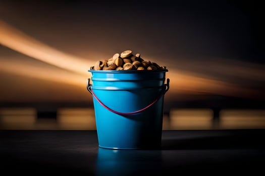a blue bucket filled with nuts on a table. AI-Generated photo