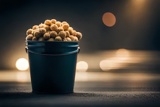 a bucket filled with peanuts on a dark background. AI-Generated photo