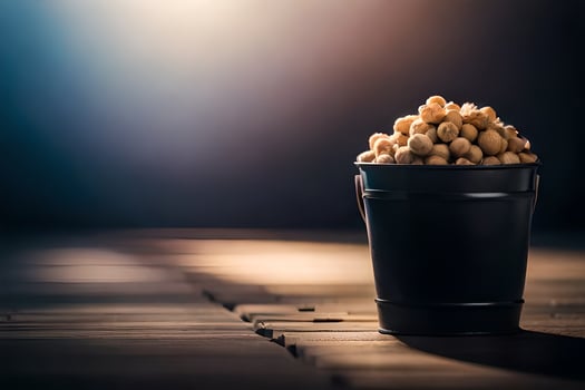 a bucket filled with peanuts on a wooden table. AI-Generated photo