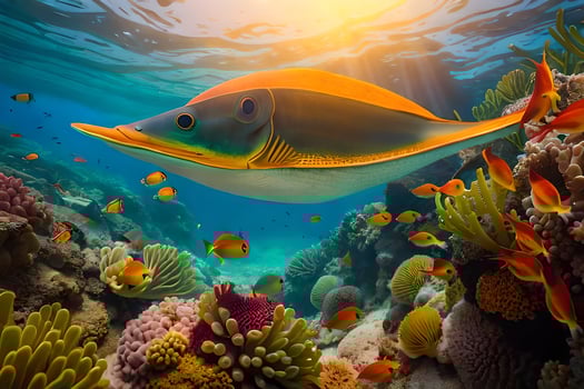 a colorful fish swims over a coral reef. AI-Generated photo