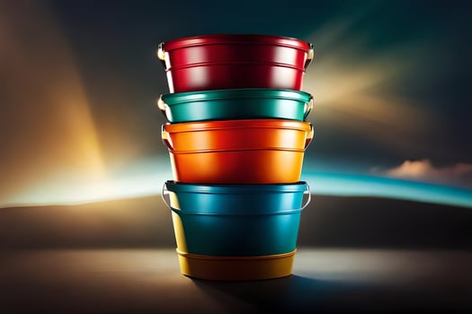 a stack of three colorful buckets against a dark background. AI-Generated photo