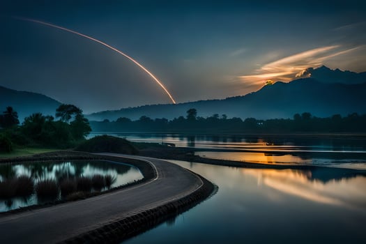 a rainbow is reflected in the water as it travels across the sky. AI-Generated photo