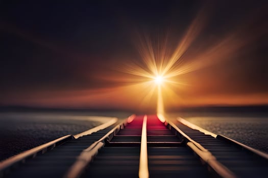 a railroad track leading to a bright light. AI-Generated photo