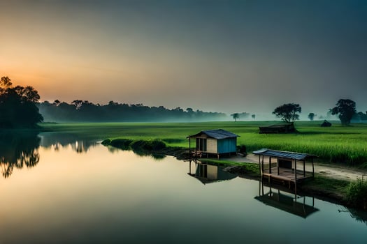 a small house sits on the edge of a river. AI-Generated photo
