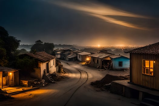 a dark night shot of a village at night. AI-Generated photo