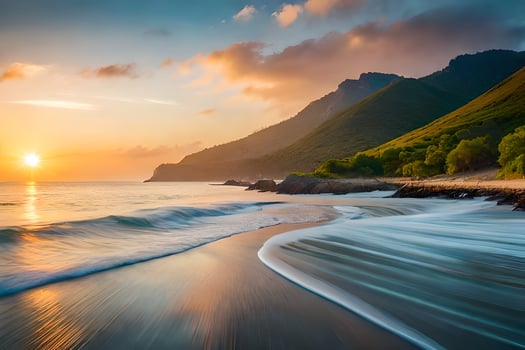 the sun sets over the ocean and mountains. AI-Generated photo