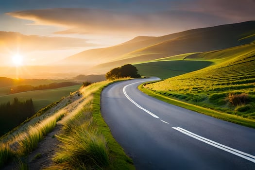 the sun sets over a winding road in the countryside. AI-Generated photo