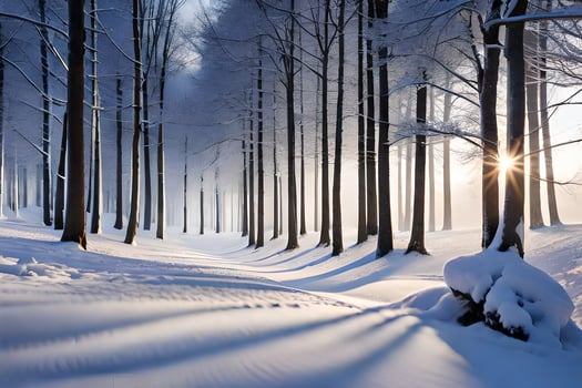 a snowy forest with trees and sun shining. AI-Generated photo