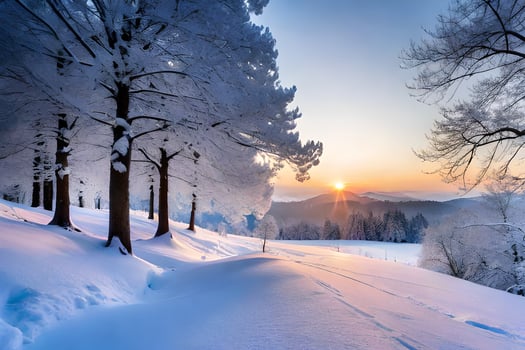 the sun rises over a snowy landscape. AI-Generated photo