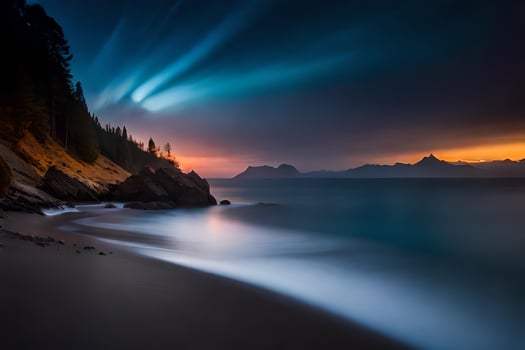 a long exposure photograph of the ocean and mountains at sunset. AI-Generated photo