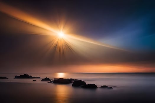 the sun shines over the ocean and rocks. AI-Generated photo