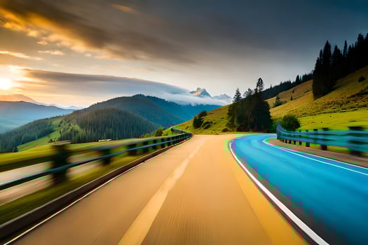 a road in the mountains with a blue sky. AI-Generated photo