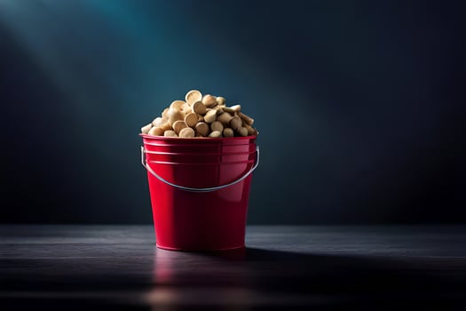 a red bucket filled with peanuts on a dark table. AI-Generated photo