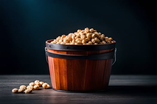 a bucket of peanuts on a dark table. AI-Generated photo