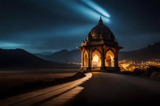 a gazebo at night in the middle of a lake. AI-Generated photo