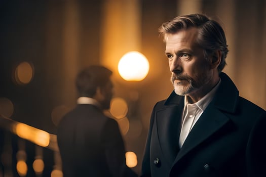 a man in a black coat standing in front of a man in a suit. AI-Generated photo