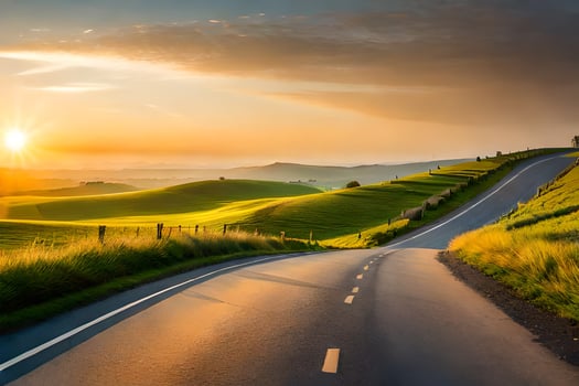 a road in the countryside with the sun setting. AI-Generated photo