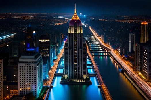the city skyline at night with lights on. AI-Generated photo
